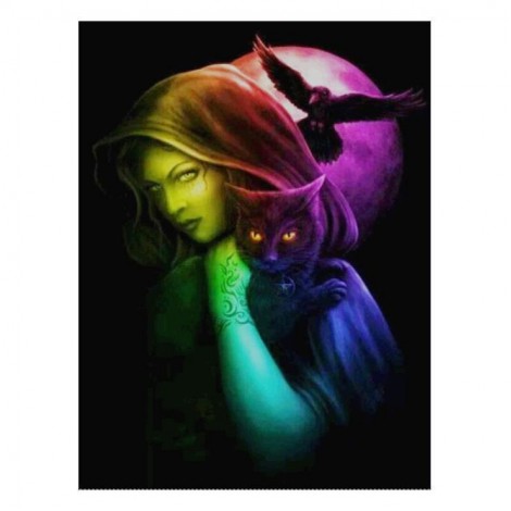 Populair Mond Nacht Mädchen Und Katze Diamond Painting /Diamant Malerei Set AF9389