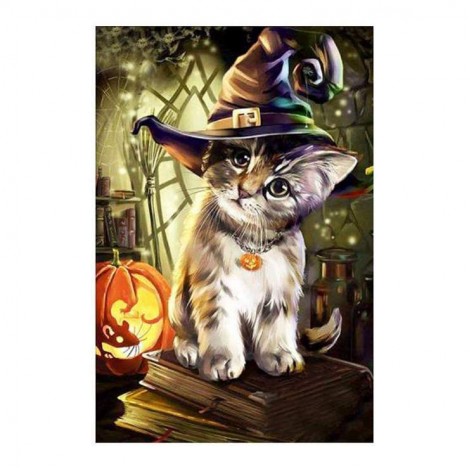 Neuankömmling Schlussverkauf Curious Katze Wears Magisch Halloween Hat Diamond Painting /Diamant Malerei Set VM0057