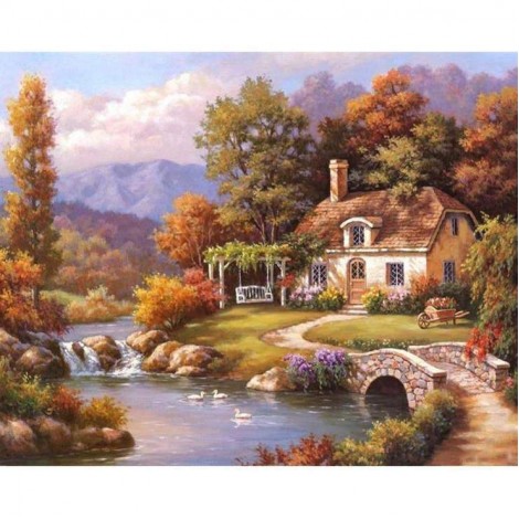 Schlussverkauf Ölgemälde Stile Dorf Hütte 5d Diamond Painting /Diamant Malerei Set QB5354